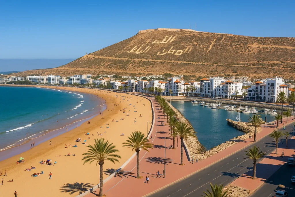 Attractions in Agadir - panoramic view of Agadir beach, marina, and Kasbah
