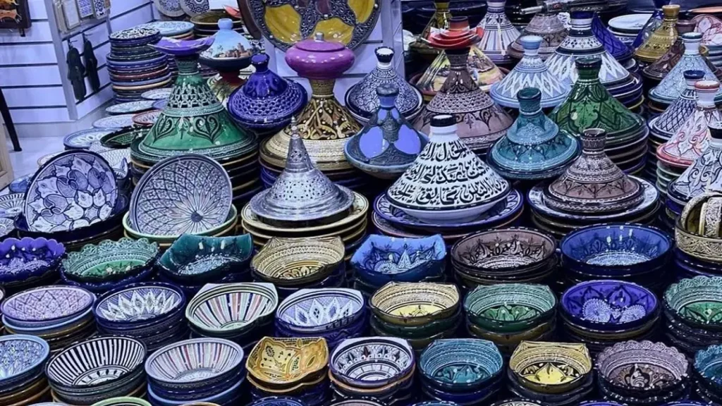 Traditional Moroccan pottery and tajines found while shopping in Agadir Morocco
