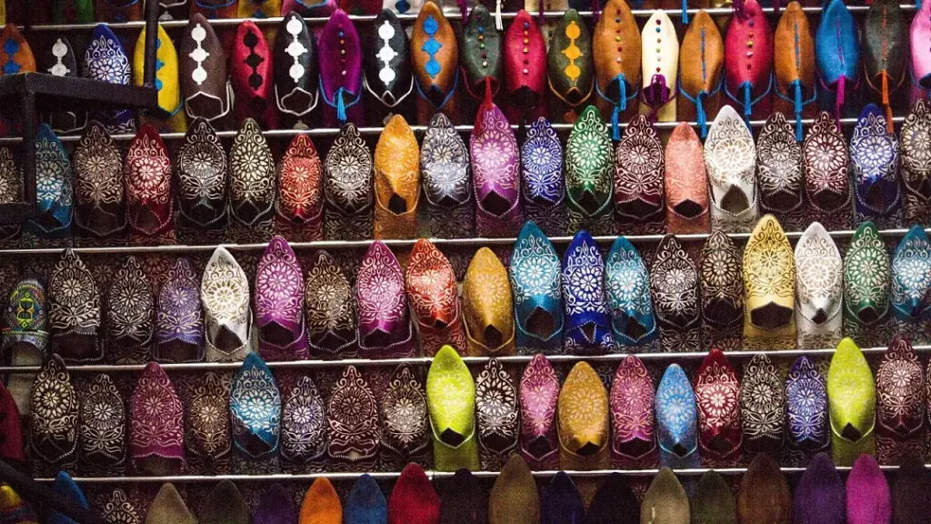 Traditional Moroccan shoes on display while shopping in Agadir Morocco