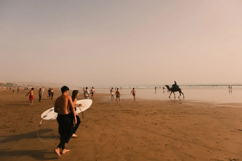 Activities in Agadir surfers and camel riders on the beach