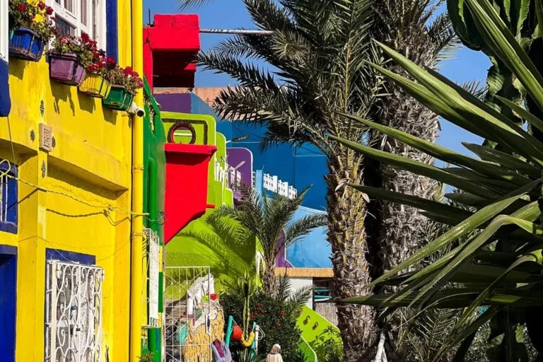Narrow alley between colorfully painted buildings in Taghazout