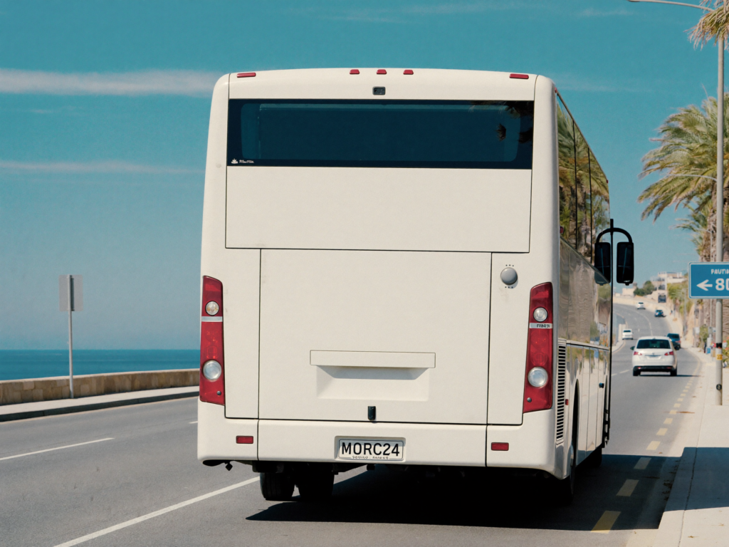 A white city bus driving along a palm-lined coastal road in Agadir