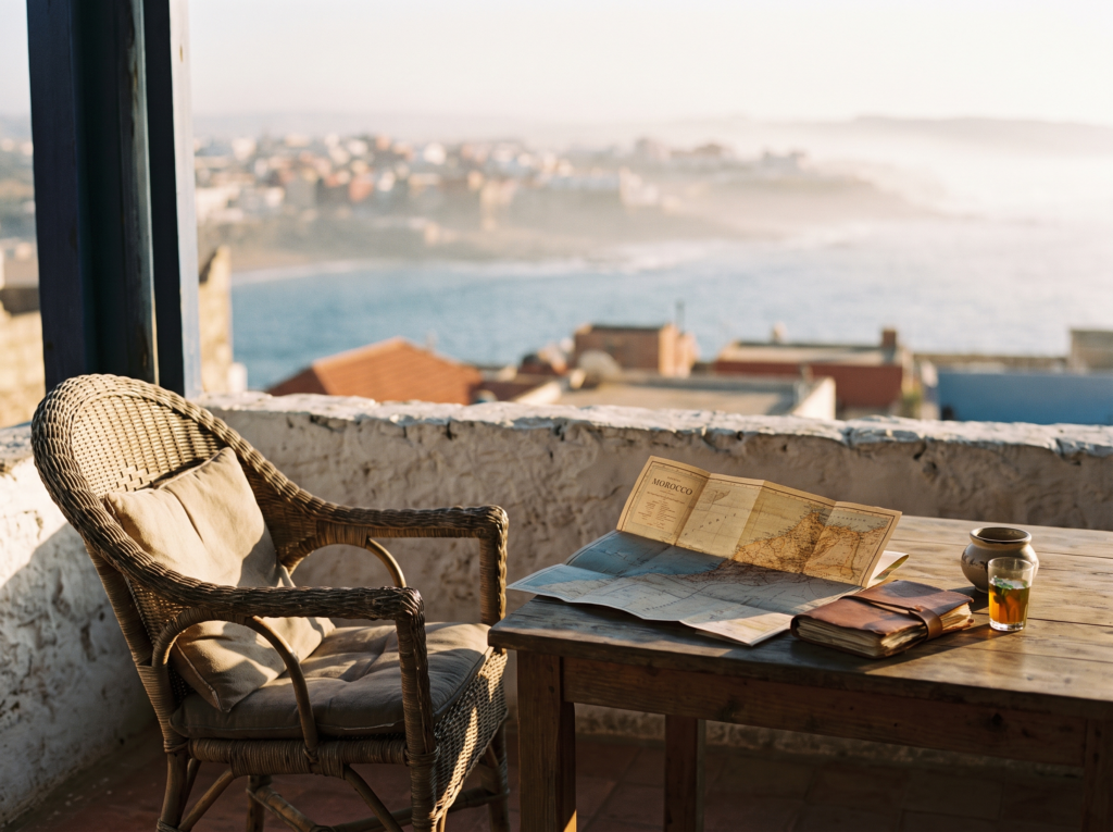 A quiet terrace with a folded map and travel journal overlooking Morocco's Atlantic coast