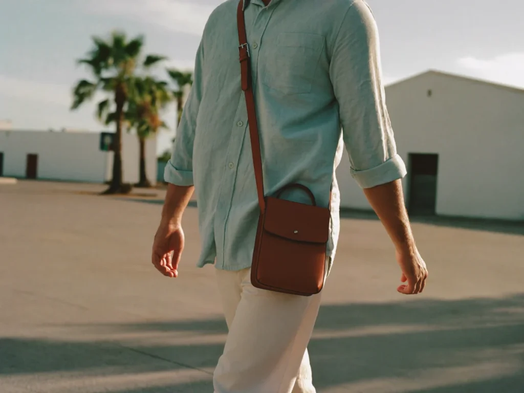 Traveller with a small crossbody bag walking across a sunny paved plaza with palm trees in a Moroccan coastal city