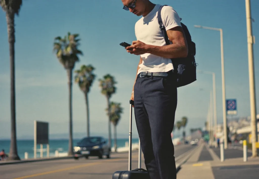 Traveller with a wheeled suitcase checking a phone on a palm-lined seafront road in a Moroccan coastal city
